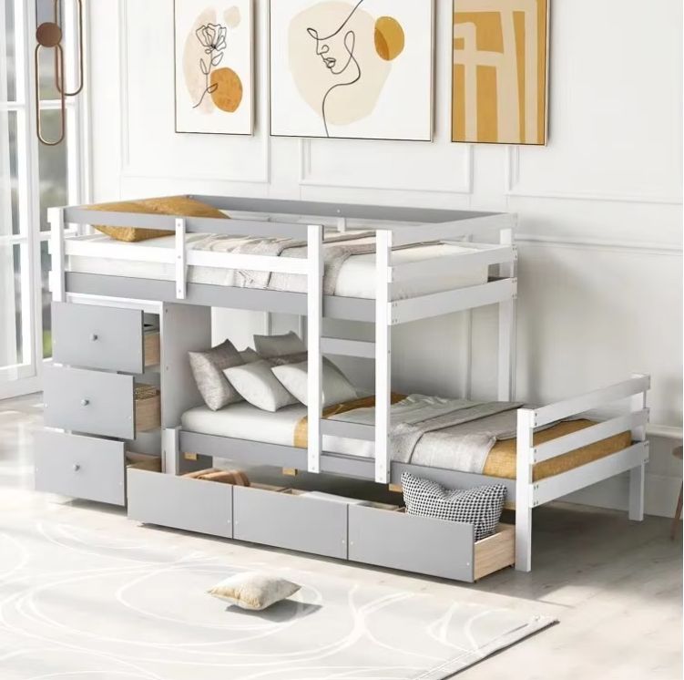 Oak 6-Drawer Twin over Twin Standard Bunk Kids Bed Double Size MDF Wood Style for Bedroom