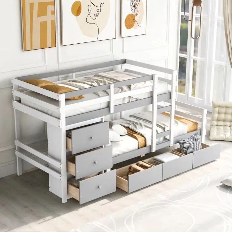 Oak 6-Drawer Twin over Twin Standard Bunk Kids Bed Double Size MDF Wood Style for Bedroom