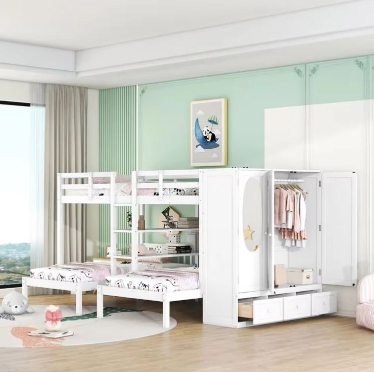 Modern Twin over Twin Full Bunk Bed with 3 Drawers Shelves Pine Wood Panel for Kids for School Hotel Hospital Outdoor Use