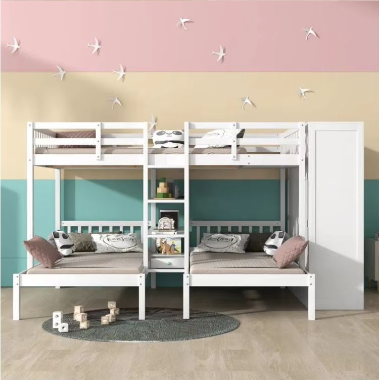 Modern Twin over Twin Full Bunk Bed with 3 Drawers Shelves Pine Wood Panel for Kids for School Hotel Hospital Outdoor Use