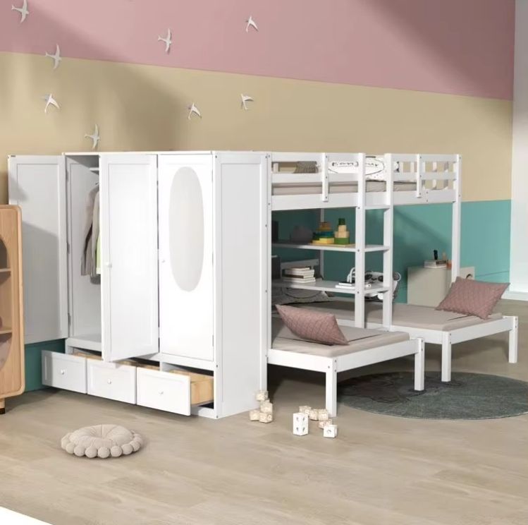 Modern Twin over Twin Full Bunk Bed with 3 Drawers Shelves Pine Wood Panel for Kids for School Hotel Hospital Outdoor Use