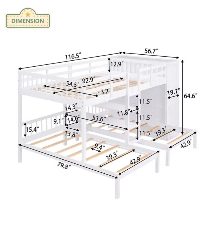 Modern Twin over Twin Full Bunk Bed with 3 Drawers Shelves Pine Wood Panel for Kids for School Hotel Hospital Outdoor Use