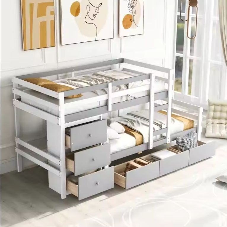 Oak 6-Drawer Twin over Twin Standard Bunk Kids Bed Double Size MDF Wood Style for Bedroom