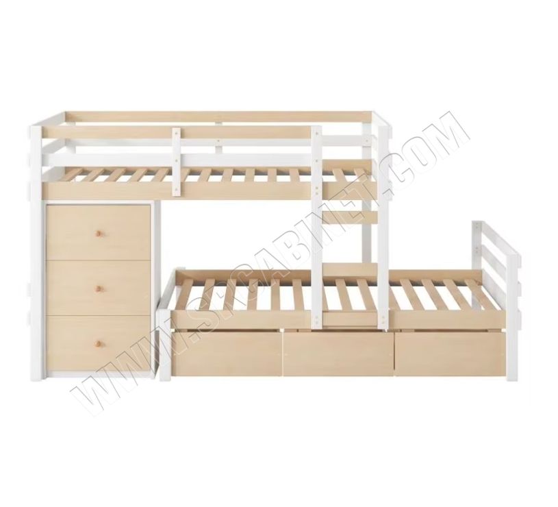 Oak 6-Drawer Twin over Twin Standard Bunk Kids Bed Double Size MDF Wood Style for Bedroom