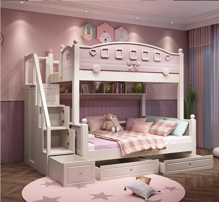 Bunk Bed Bed Modern Bedroom Furniture with Slide Funny Cheap Kids Blue M6 Pink OEM Wood Box Style Packing Color Design Material