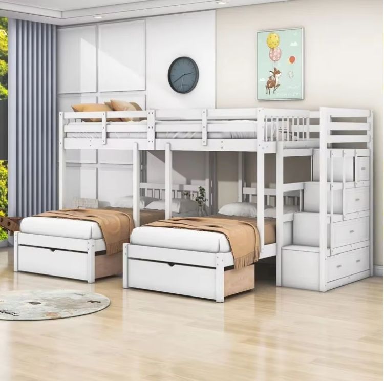 Modern Pine Wood Panel Twin over Twin Full Bunk Bed 3 Drawers Shelves Size Queen/Double Kids School Hotel Hospital Outdoor Use