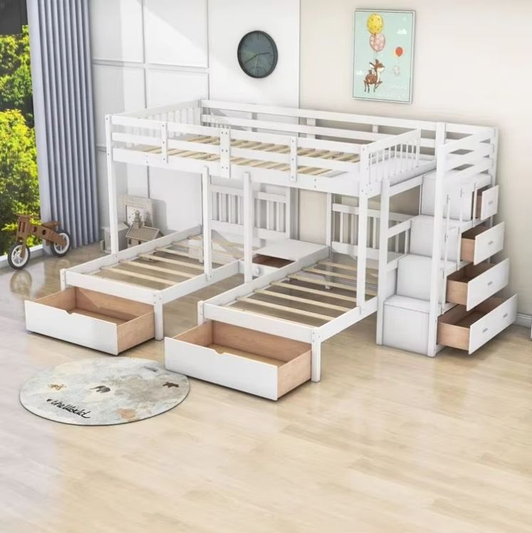 Modern Pine Wood Panel Twin over Twin Full Bunk Bed 3 Drawers Shelves Size Queen/Double Kids School Hotel Hospital Outdoor Use