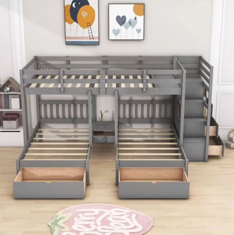 Modern Pine Wood Panel Twin over Twin Full Bunk Bed 3 Drawers Shelves Size Queen/Double Kids School Hotel Hospital Outdoor Use