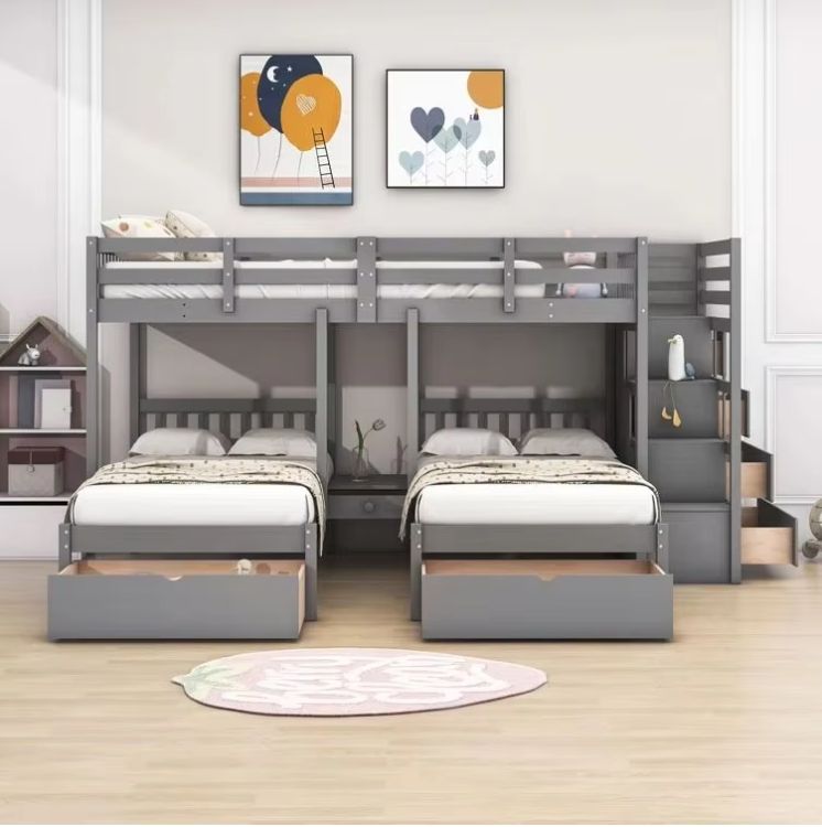 Modern Pine Wood Panel Twin over Twin Full Bunk Bed 3 Drawers Shelves Size Queen/Double Kids School Hotel Hospital Outdoor Use