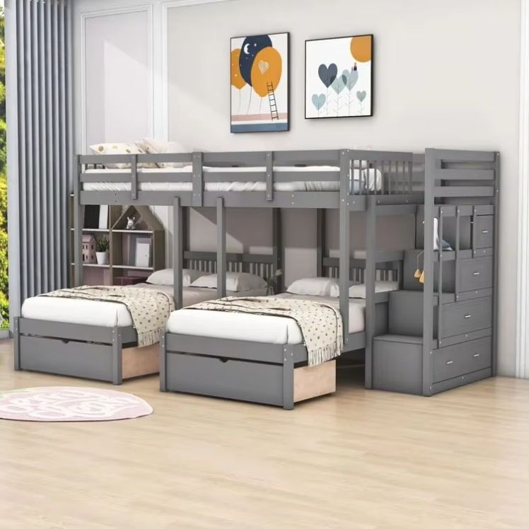Modern Pine Wood Panel Twin over Twin Full Bunk Bed 3 Drawers Shelves Size Queen/Double Kids School Hotel Hospital Outdoor Use