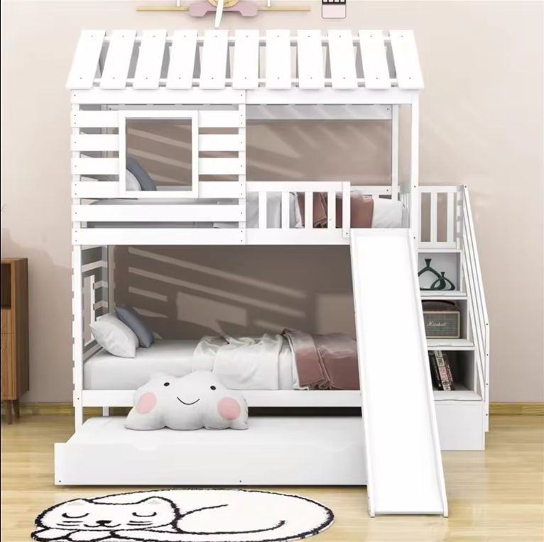 New Design Solid Pine White Wooden House Frame Loft Bunk Bed Kids Bunk Bed With Slide Ladder