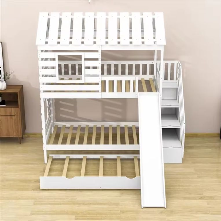 New Design Solid Pine White Wooden House Frame Loft Bunk Bed Kids Bunk Bed With Slide Ladder