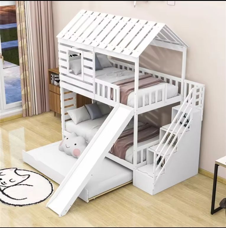 New Design Solid Pine White Wooden House Frame Loft Bunk Bed Kids Bunk Bed With Slide Ladder