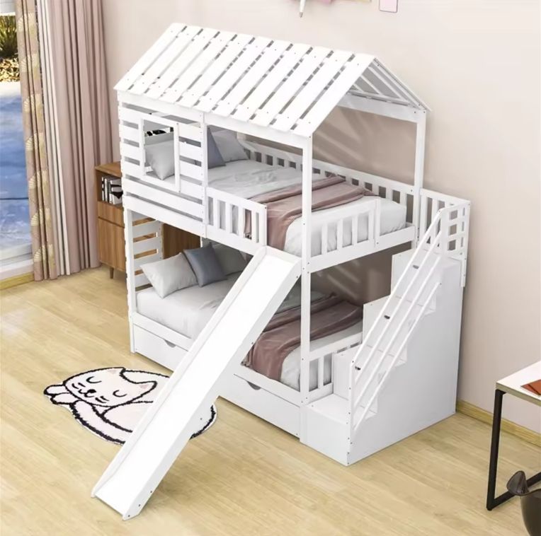 New Design Solid Pine White Wooden House Frame Loft Bunk Bed Kids Bunk Bed With Slide Ladder