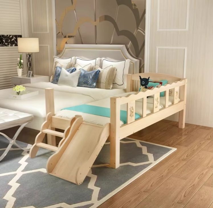 Solid Wood Pine Baby Bed with Guardrail Spliced Separate Toddler Bed with Sliding Slide for Boys and Girls