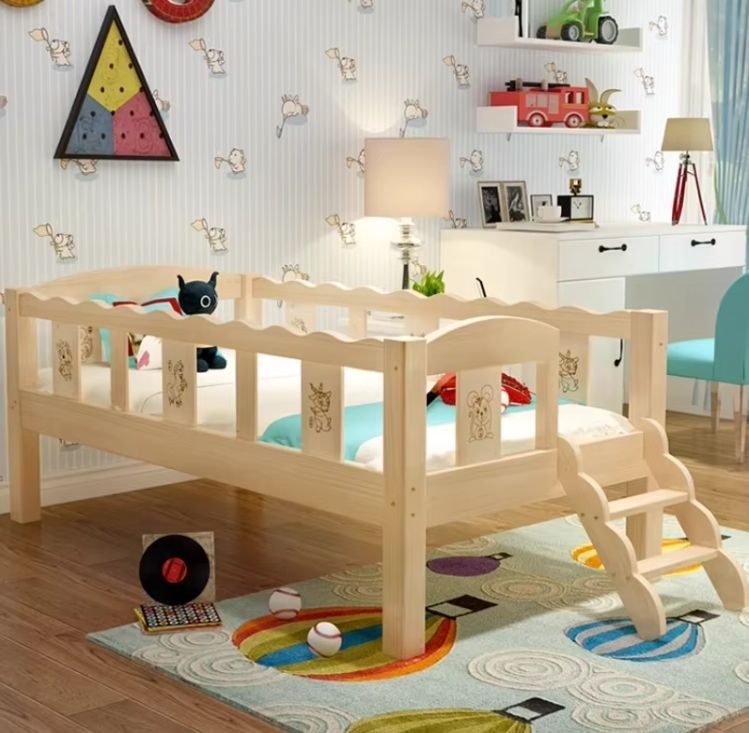 Solid Wood Pine Baby Bed with Guardrail Spliced Separate Toddler Bed with Sliding Slide for Boys and Girls
