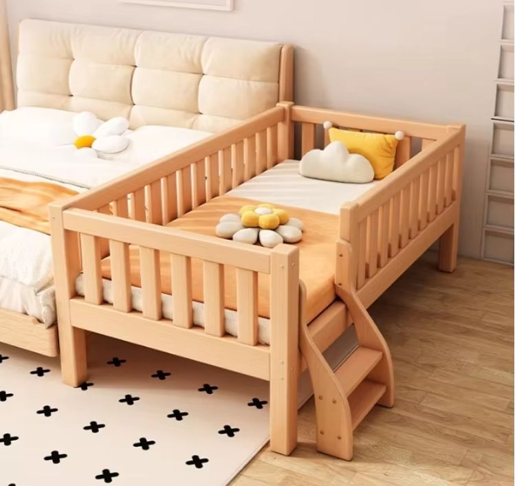 Children's Splicing Single Bed Pure Solid Wood Baby Bed for Boys and Girls Featuring a Princess-Themed Design