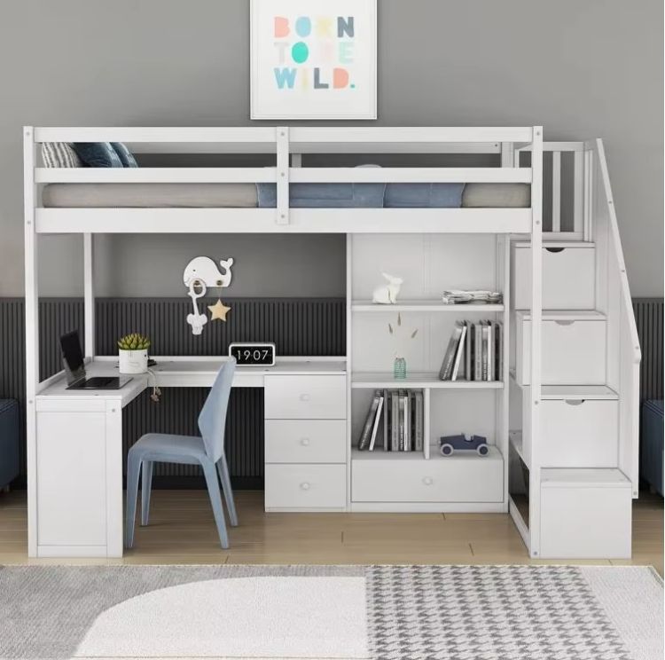 Sample DesignTwin Size Loft Bed with Built-in Desk with Two Drawers, and Storage Shelves and Drawers