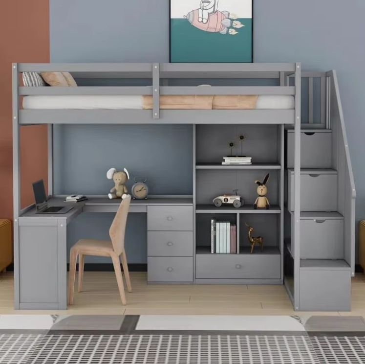 Sample DesignTwin Size Loft Bed with Built-in Desk with Two Drawers, and Storage Shelves and Drawers