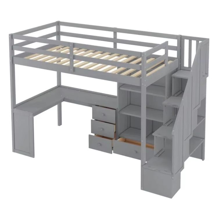 Sample DesignTwin Size Loft Bed with Built-in Desk with Two Drawers, and Storage Shelves and Drawers