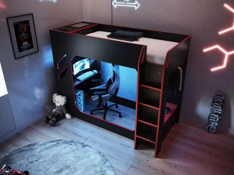 Modern Cool Kids Bedroom Bunk Bed Design Wooden High Sleeper Loft Bed with Gaming Table for Boys Hot Playroom Furniture Children