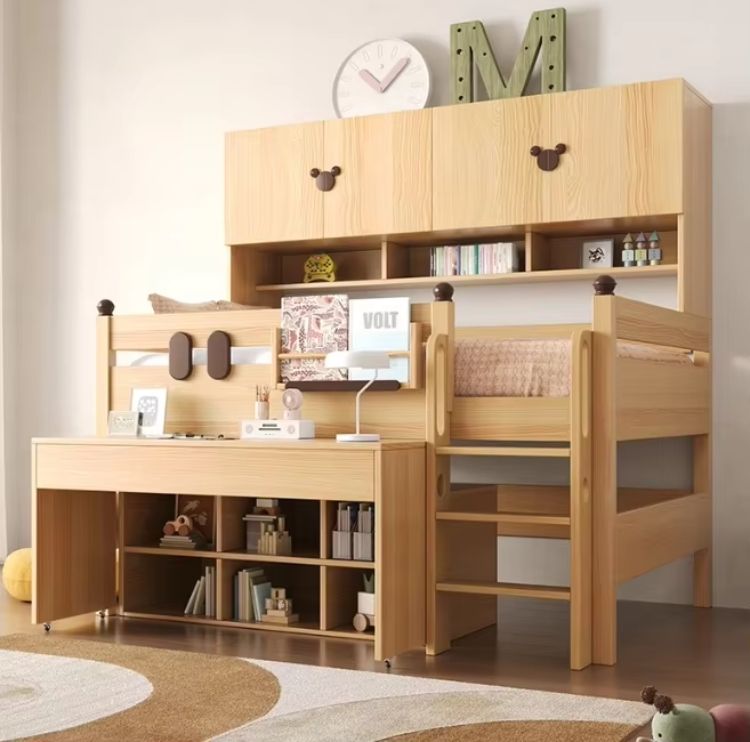 2024 New Solid Wood Half Height Bed Integrated Bunk Bed Wardrobe Boys Girls Space-Saving Storage Combination Small Kids' Beds