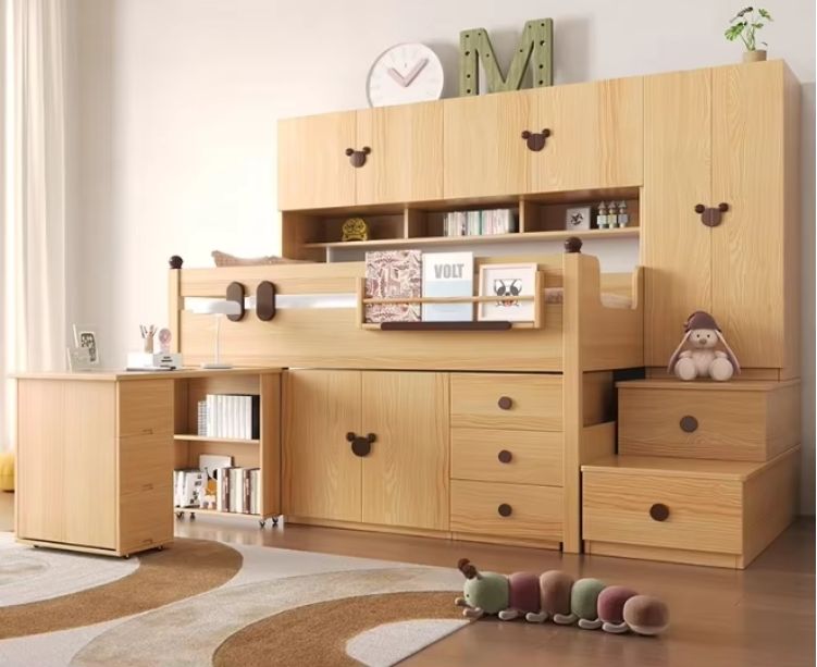 2024 New Solid Wood Half Height Bed Integrated Bunk Bed Wardrobe Boys Girls Space-Saving Storage Combination Small Kids' Beds