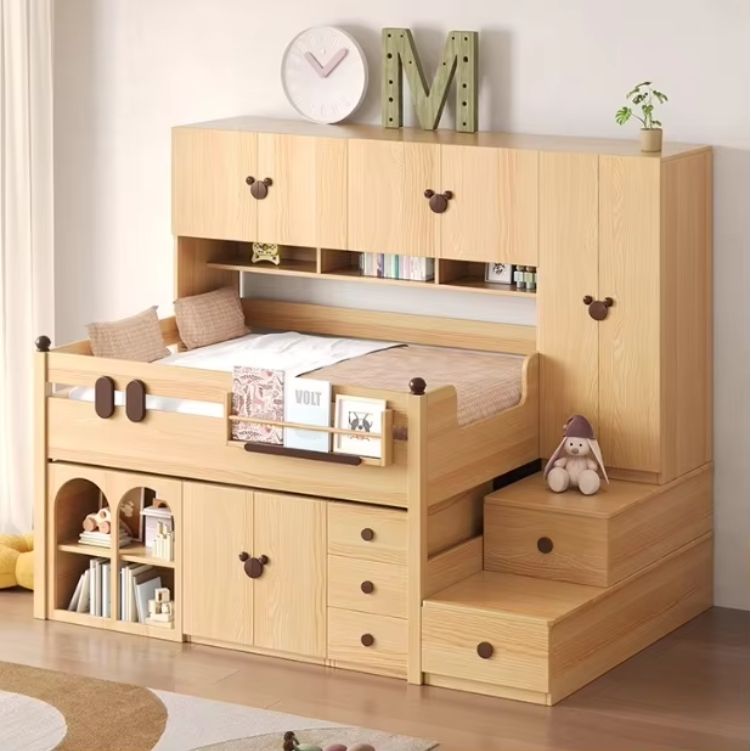 2024 New Solid Wood Half Height Bed Integrated Bunk Bed Wardrobe Boys Girls Space-Saving Storage Combination Small Kids' Beds