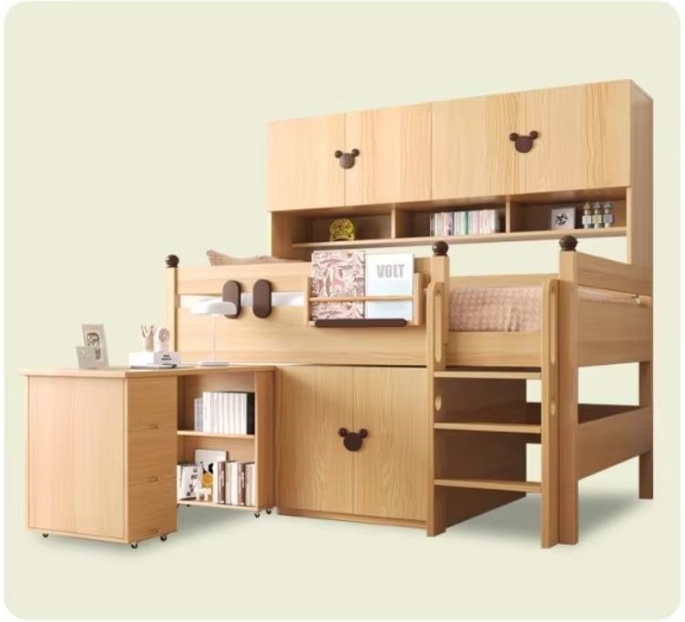 2024 New Solid Wood Half Height Bed Integrated Bunk Bed Wardrobe Boys Girls Space-Saving Storage Combination Small Kids' Beds