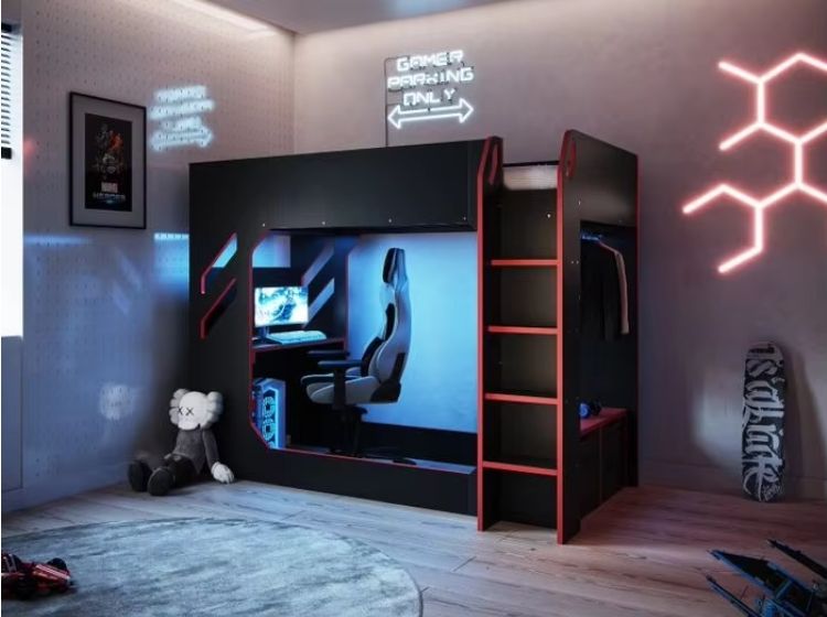 Modern Cool Kids Bedroom Bunk Bed Design Wooden High Sleeper Loft Bed with Gaming Table for Boys Hot Playroom Furniture Children