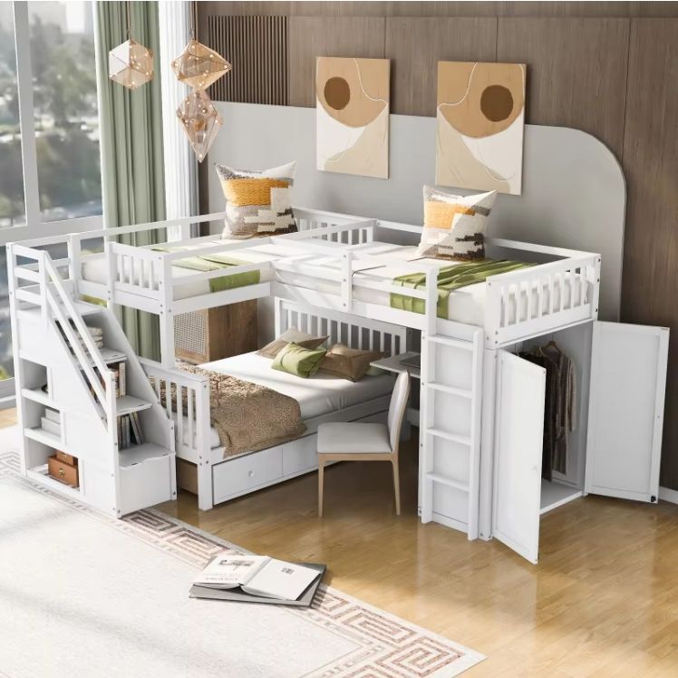 Twin-Twin over Full L-Shaped Bunk Bed with 3 Drawers Portable Desk and Wardrobe