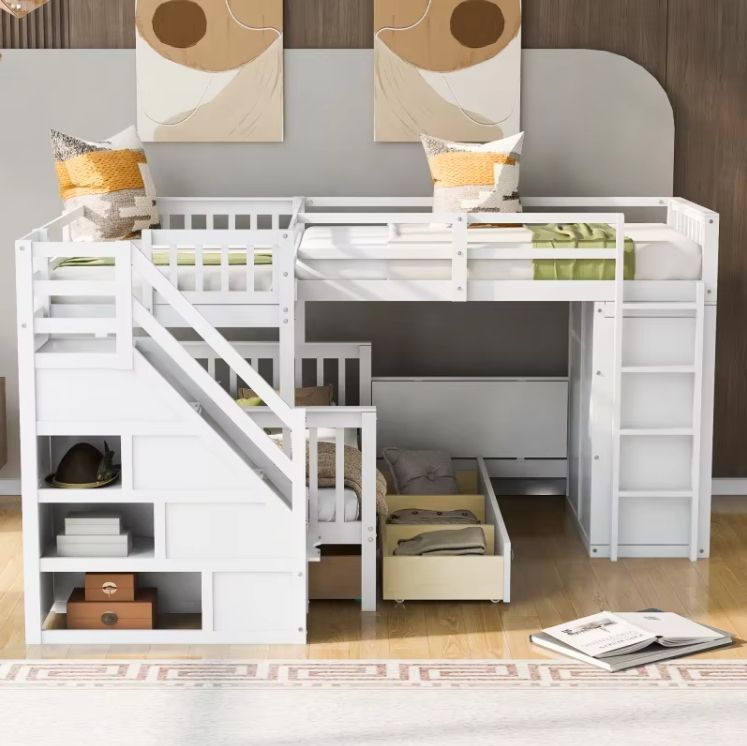 Twin-Twin over Full L-Shaped Bunk Bed with 3 Drawers Portable Desk and Wardrobe
