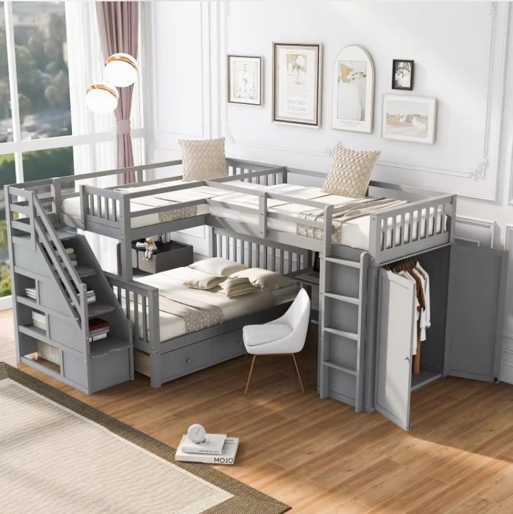 Twin-Twin over Full L-Shaped Bunk Bed with 3 Drawers Portable Desk and Wardrobe