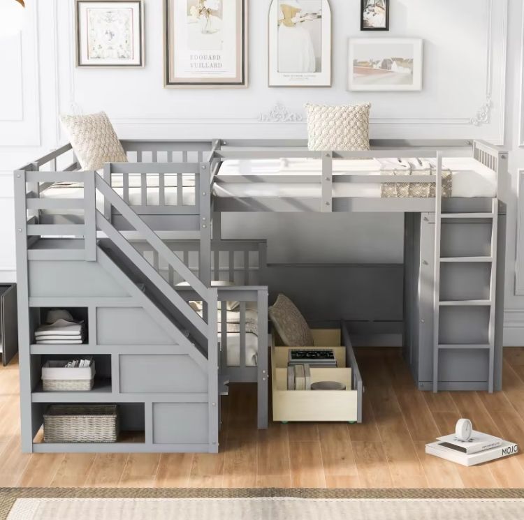 Twin-Twin over Full L-Shaped Bunk Bed with 3 Drawers Portable Desk and Wardrobe