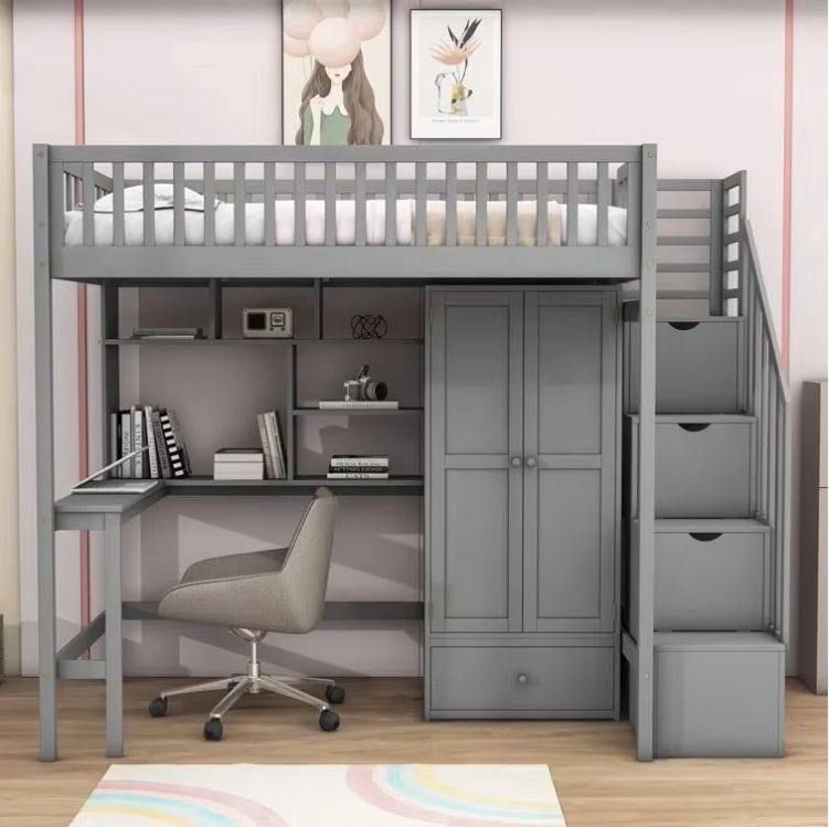 Multifunctional factory supply modern wooden loft bunk bed with desk and bookcase wardrobe for children