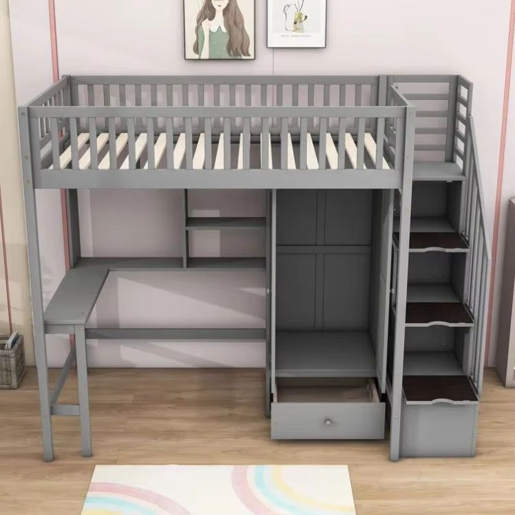 Multifunctional factory supply modern wooden loft bunk bed with desk and bookcase wardrobe for children