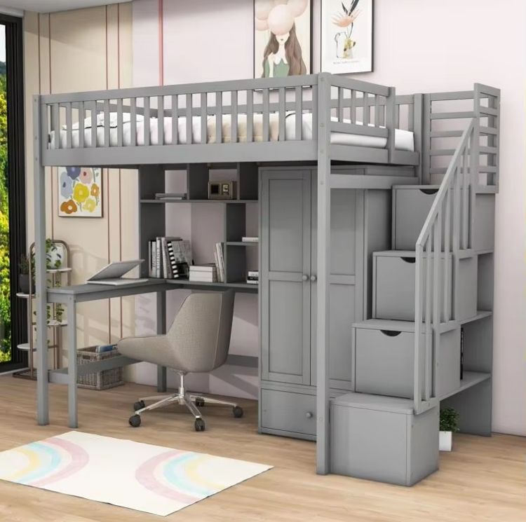 Multifunctional factory supply modern wooden loft bunk bed with desk and bookcase wardrobe for children