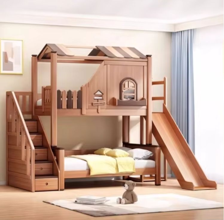 Solid Wood Children's Bunk Beds Top-Bottom Tree House Bed with Table for Home Bedroom or Park