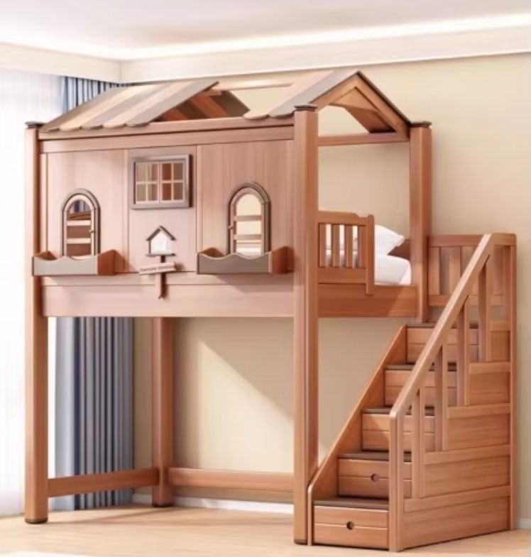Solid Wood Children's Bunk Beds Top-Bottom Tree House Bed with Table for Home Bedroom or Park