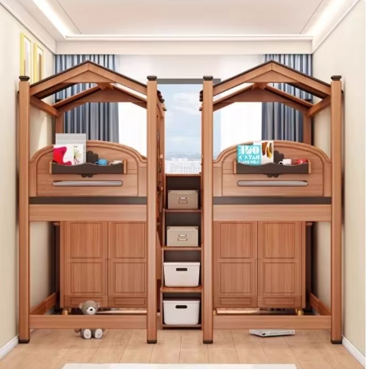 Solid Wood Children's Bunk Beds Top-Bottom Tree House Bed with Table for Home Bedroom or Park