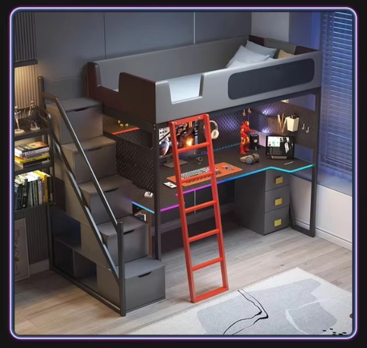 Children's Double-Decker Integrated Elevated Bed and Desk New Design for Bedroom Small Unit for Esports Room and Home Study