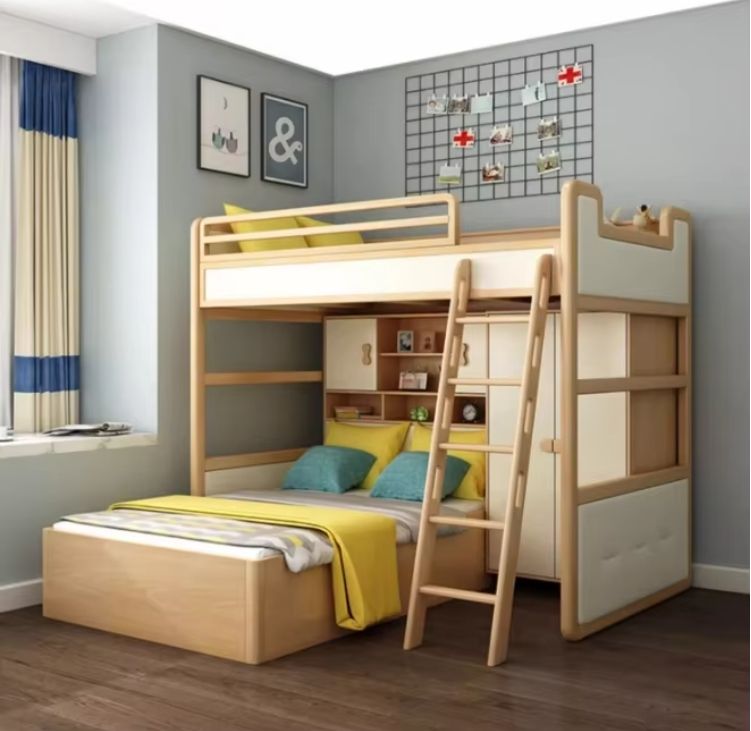 Solid Wood Top & Bottom Bunk Beds Staggered High & Low Layers Double-Layer White Wax Wood for Kids Upper & Lower Beds