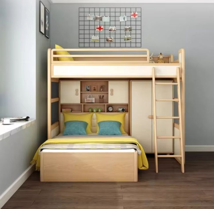 Solid Wood Top & Bottom Bunk Beds Staggered High & Low Layers Double-Layer White Wax Wood for Kids Upper & Lower Beds