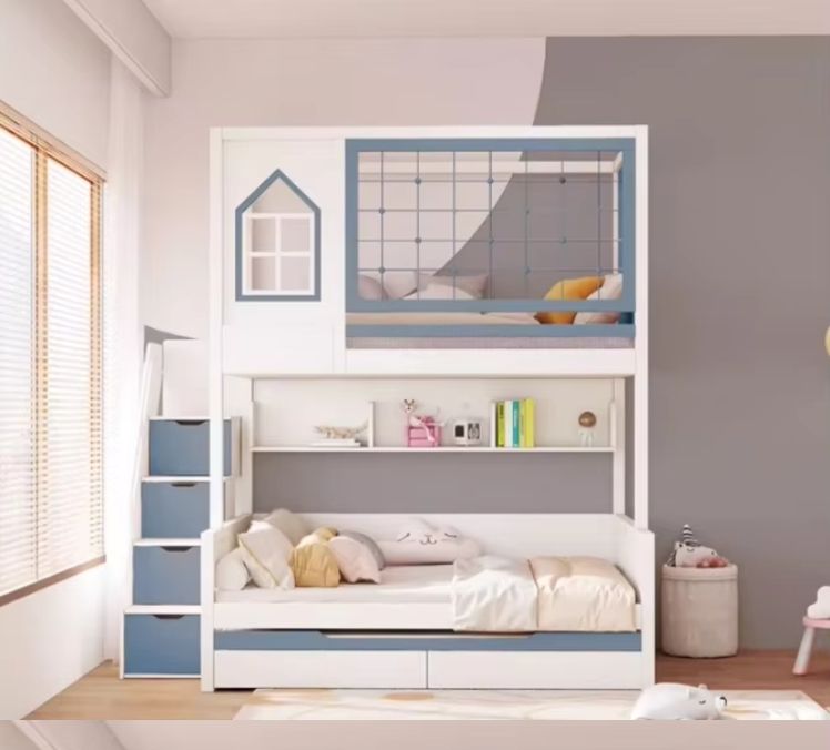 All Solid Wood High Guardrail Staggered Up/Down Bunk Bed with High/Low Trees Bed with Desk & Wardrobe Wide Bed above-for Kids