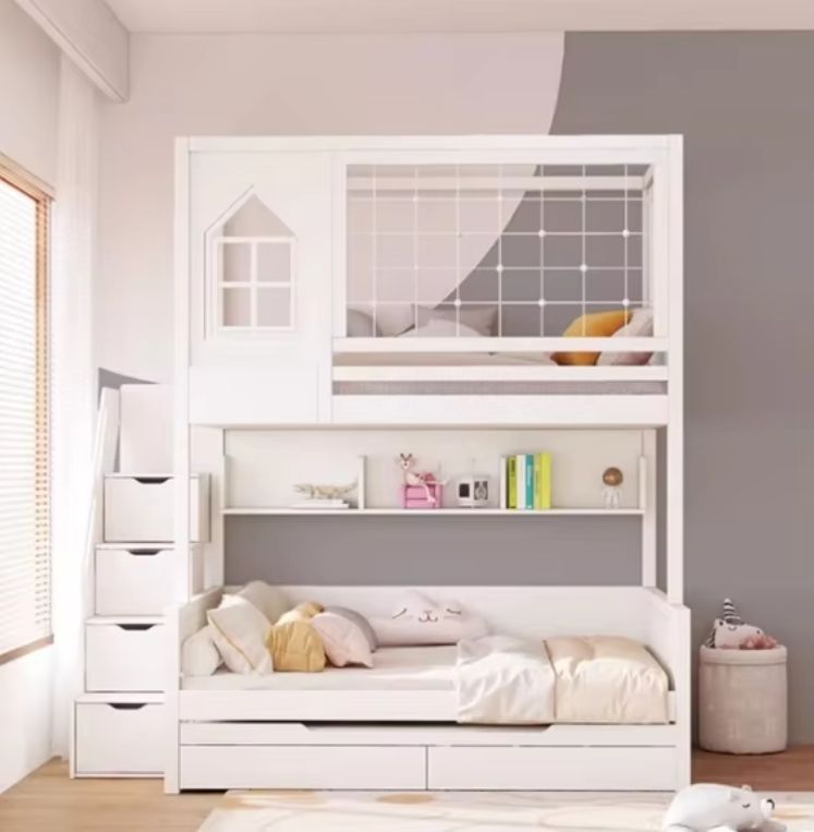 All Solid Wood High Guardrail Staggered Up/Down Bunk Bed with High/Low Trees Bed with Desk & Wardrobe Wide Bed above-for Kids