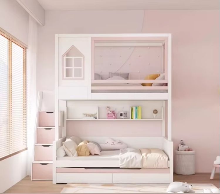 All Solid Wood High Guardrail Staggered Up/Down Bunk Bed with High/Low Trees Bed with Desk & Wardrobe Wide Bed above-for Kids