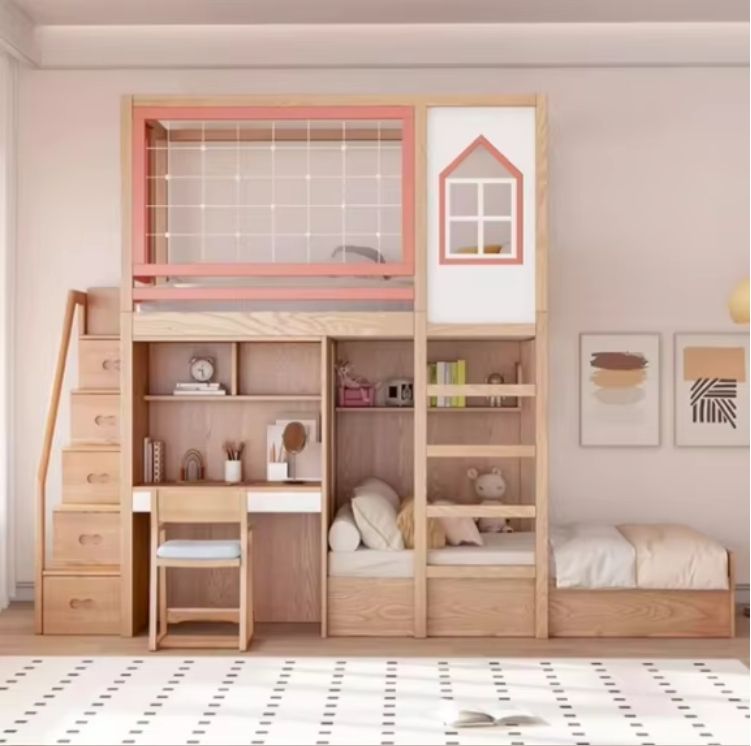 All Solid Wood High Guardrail Staggered Up/Down Bunk Bed with High/Low Trees Bed with Desk & Wardrobe Wide Bed above-for Kids