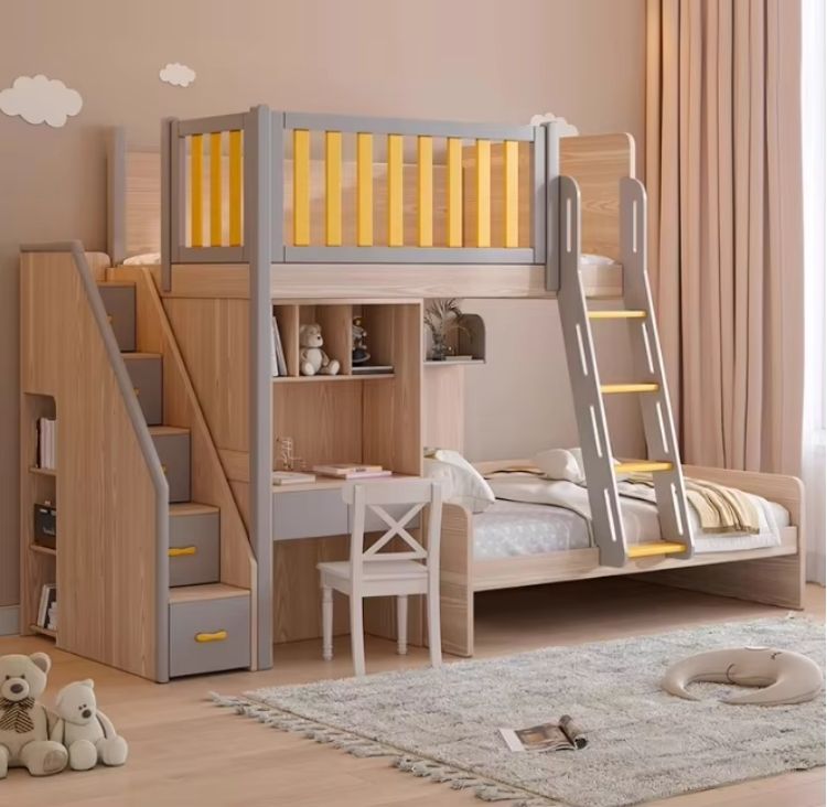 Solid Wood Interlocking Bunk Beds with Desks and Wardrobes Elevated Children's Beds with Combined Furniture Features