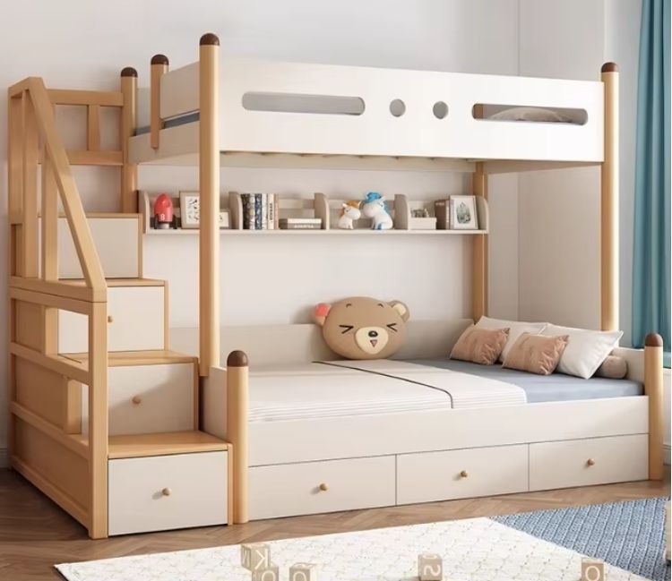 Modern All Solid Wood High-Low Bunk Bed for Children Car Bed Design for School and Home with Mother's Bed for Bedroom