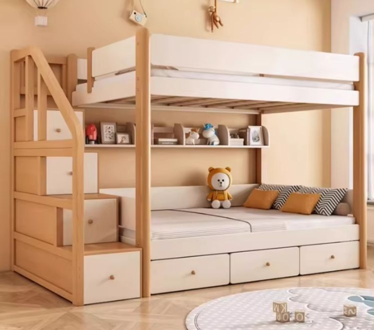 Modern Luxury Two-Layer Multifunctional Bunk Bed Full Solid Beech Wood for Children and Parents for Home and School